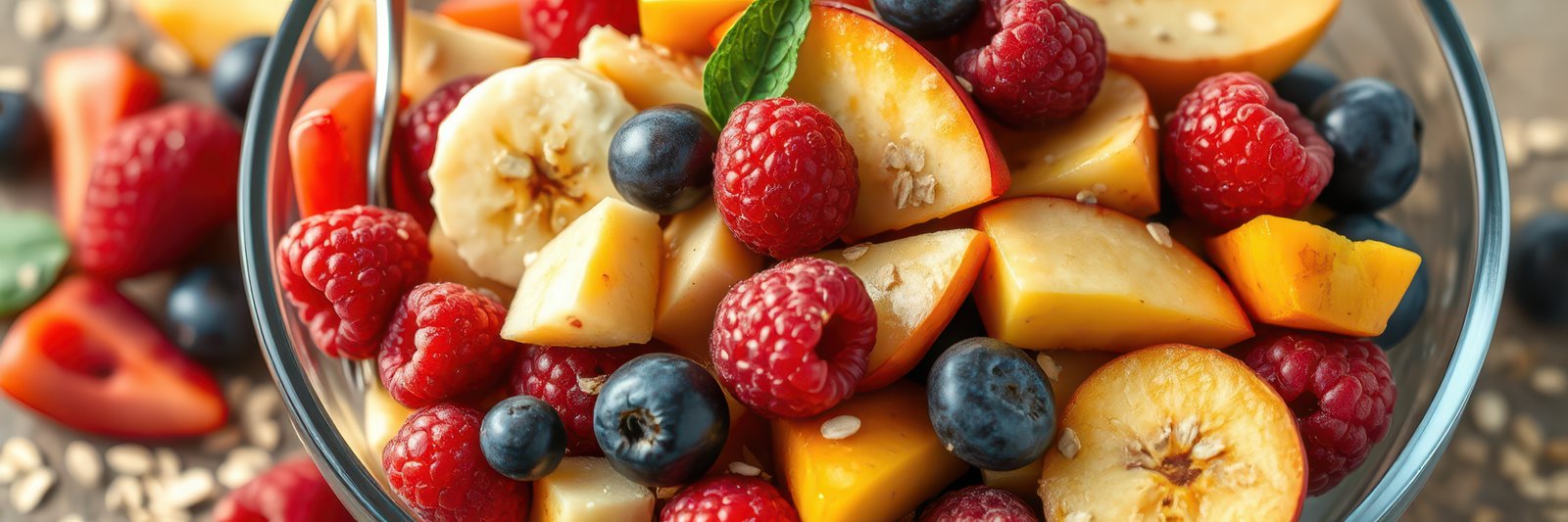 Fresh fruit salad with berries, bananas, and apples in a glass bowl served on a wooden table
